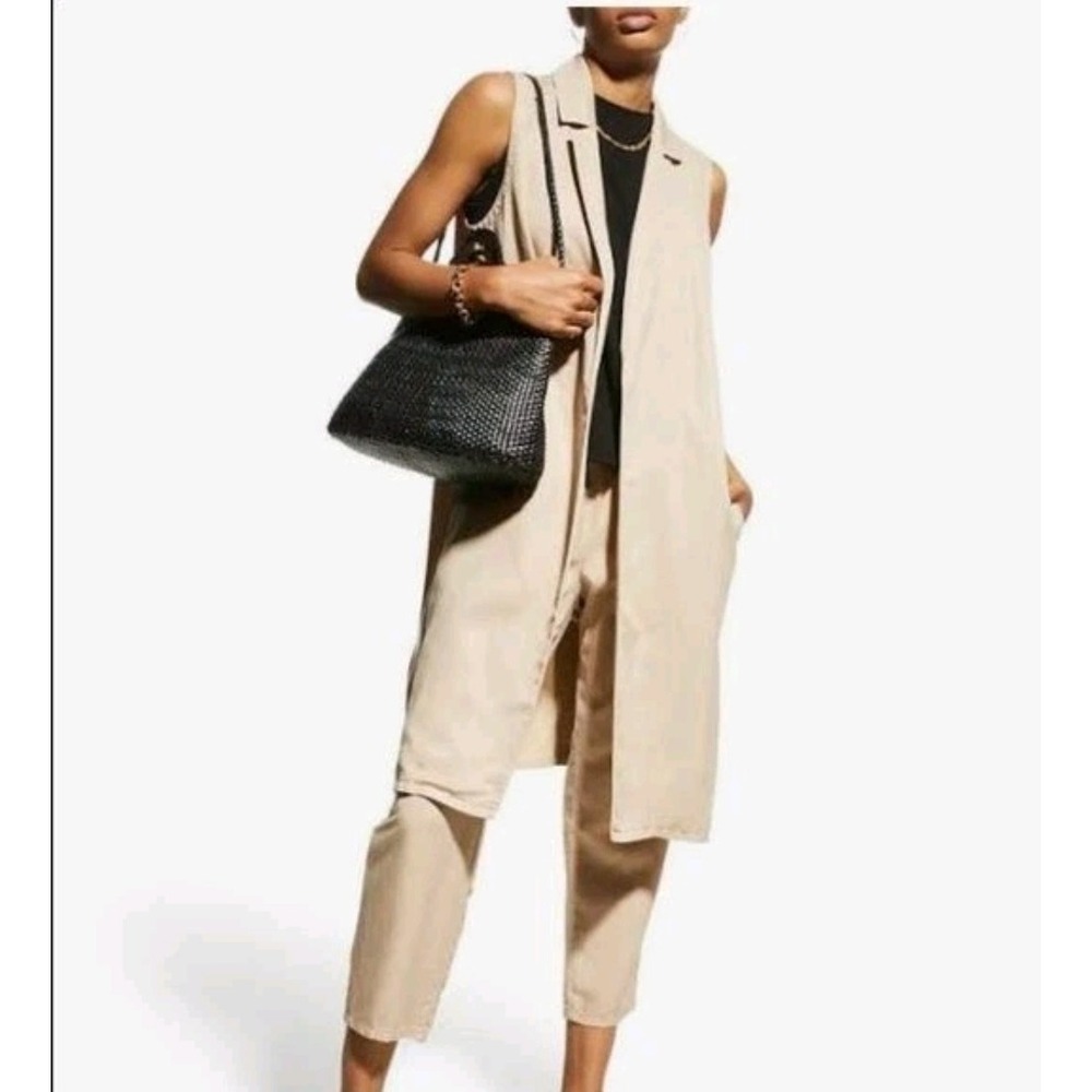 Eileen Fisher Womens Tan Collared Lyocell Linen Longline Vest Size L‎ Minimalist